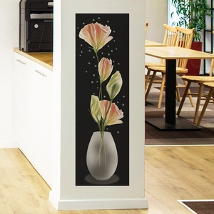 Self-adhesive wall sticker featuring pink flowers in a vase on a white room column