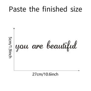 Detailed size specifications for You Are Beautiful cursive lettering wall sticker