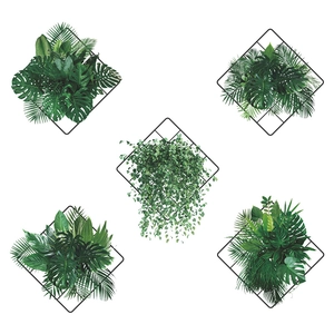 Nordic black metal grid wall decor with artificial monstera and palm leaves, set of 5