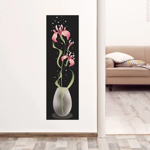 Vertical floral wall sticker featuring a translucent vase with pink orchids on black base