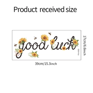 Detail view of sunflower wall sticker size dimensions with Good Luck slogan