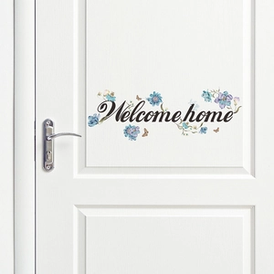 Adesivo da Parete con Scritta Welcome Home con Fiori Blu Viola PVC Adesivo per Porta della Camera da Letto Decorazione Casa