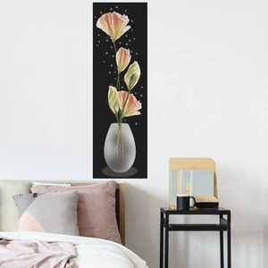 Modern floral wall sticker with pink tulips in glass vase on black background for home decor