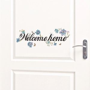 Adesivo da parete Welcome Home con fiori blu e farfalle per decorazione della porta