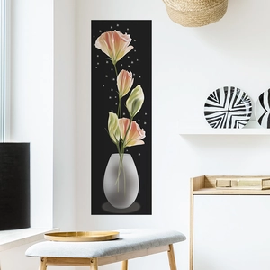 Self-adhesive floral wall sticker with pink flowers in a glass vase on black background