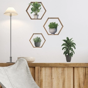 3D Potted Green Plants Wall Stickers PVC Hexagonal Wood Frame Mural For Living Room Bedroom Modern Home Decor Art Decal