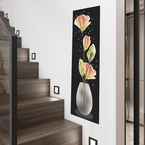 Modern floral vase wall sticker on a minimalist white staircase interior background