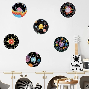 Set of 6 colorful round wall decals featuring sunflowers and outer space planets for home decor