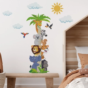 Stickers muraux animaux de la jungle avec girafe, lion et palmier pour chambre d'enfant