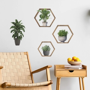 3D potted green plant wall stickers with hexagonal wooden frame for living room decor