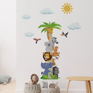 Détail de stickers muraux animaux de la jungle avec palmier pour chambre d'enfant
