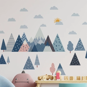 Nordic style wall stickers featuring colorful mountains and clouds for kids room decor