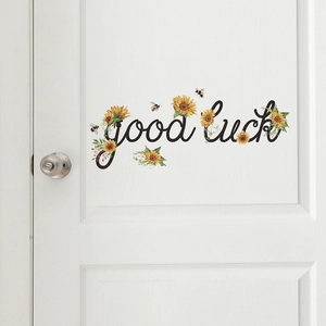 Sunflower wall sticker with Good Luck quote for home decor on white background
