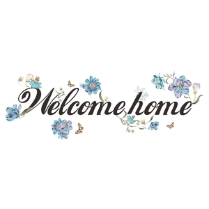 Adesivo murale Welcome Home con fiori e farfalle colorate per decorazione casa