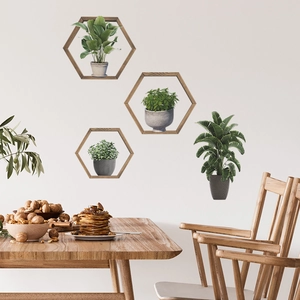 Self-adhesive green potted plant wall stickers with hexagonal faux wood frames for home decor