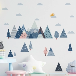 Nordic cartoon wall stickers featuring Morandi snow mountains and clouds for kids room