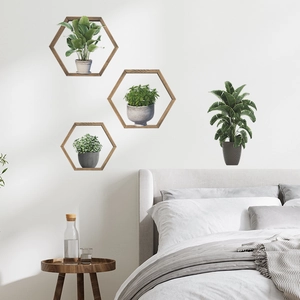 Modern minimalist green potted plant wall decals with hexagonal wood frames for bedroom decor