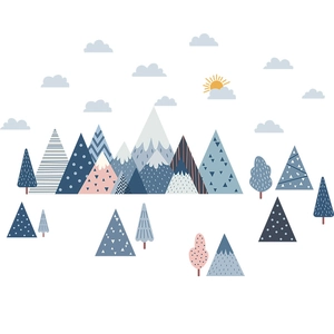 Cartoon wall sticker with mountain, tree, and cloud patterns in Morandi colors