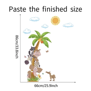 Dimensions détaillées des stickers muraux animaux avec éléphant et palmier pour enfants