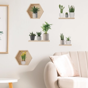 Adesivi murali 3D piante verdi in vaso con mensole in legno per decorazione soggiorno