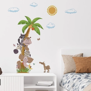 Stickers muraux pour chambre d'enfant avec palmier et animaux de la jungle comme des girafes