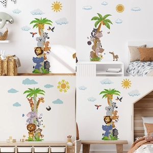 Stickers Muraux Animaux Dessin Animé Cocotier PVC Amovible Thème Jungle Safari Zoo Décoration Chambre Enfant Arrière Plan