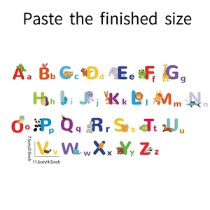 Detailed size specifications for animal alphabet wall stickers showing 7.5cm x 11.6cm dimensions