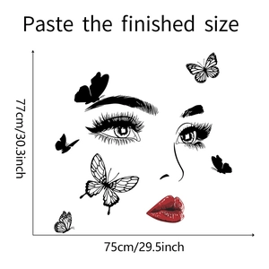 Detail showing wall decal dimensions of butterfly lady silhouette with red lips, 75x77 cm