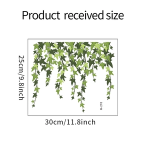 Detailed size chart showing green leaf vine wall stickers measuring 30cm by 25cm