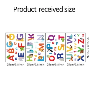Detail view of 26 alphabet animal wall stickers with dimensions and layout