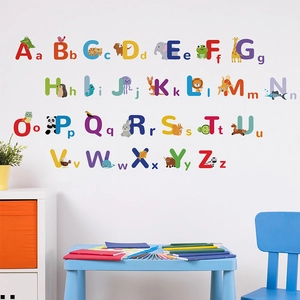 Vibrant cartoon animal alphabet wall decals showing A-Z uppercase and lowercase letters