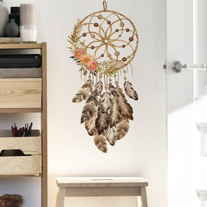 Bohemian dreamcatcher wall sticker with brown feathers and vibrant flowers for home decor