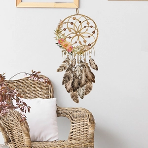 Bohemian dreamcatcher wall sticker with feathers and flowers for bedroom decor