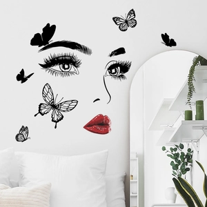 Modern wall sticker featuring female face silhouette with red lips and black butterflies