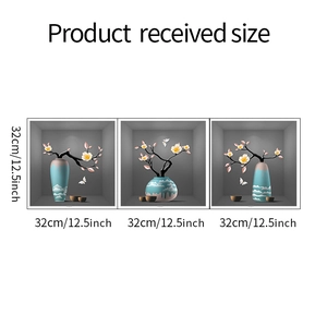Three-piece set of 3D floral wall stickers featuring vases and butterflies in 32x32cm size