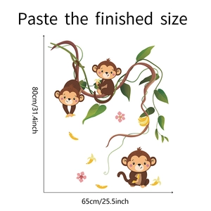 Cartoon monkey wall stickers with green vines and bananas showing 80x65cm finished size