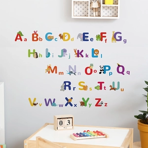 Cartoon animal alphabet wall stickers for kids room with 26 colorful ABC letters