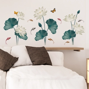 Lotus and koi fish wall stickers for living room with butterfly and leaf decorations