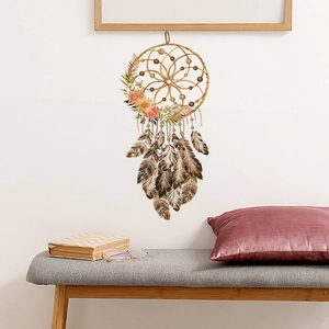 Bohemian dreamcatcher wall decal with pink orange flowers and spotted feathers decor