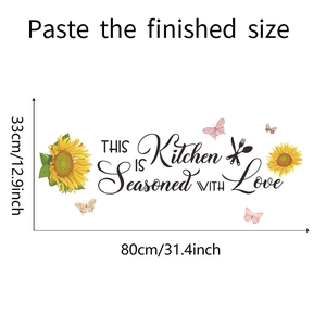 Detail view of sunflower kitchen wall sticker showing 80x33cm dimensions and quotes
