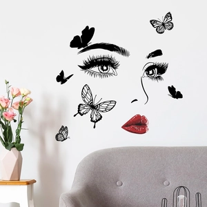 Artistic wall sticker featuring female facial silhouette with black butterflies for home decor