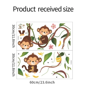 Detailed sheet layout of cartoon monkeys, vines and bananas wall stickers in 30x60cm size