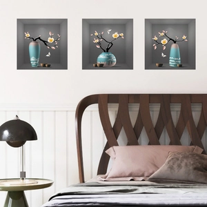 3D wall stickers featuring blue flower vases and plum blossoms in a bedroom setting
