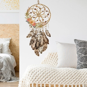 Detail of bohemian dreamcatcher wall sticker with realistic feathers and floral accents