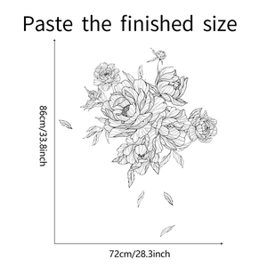 Detailed dimensions of peony flower wall sticker measuring 86cm by 72cm for living room