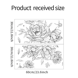 Macro layout of monochrome peony wall decals showing dimensions 60cm by 30cm