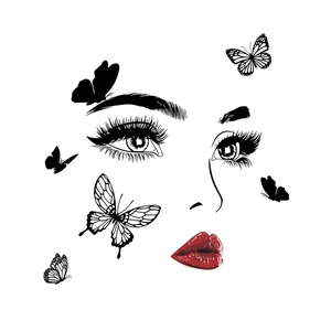 Artistic wall sticker featuring female eyes long lashes red lips and black butterflies