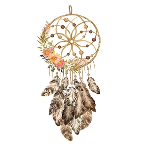Bohemian dreamcatcher wall sticker with pink flowers and realistic watercolor feathers