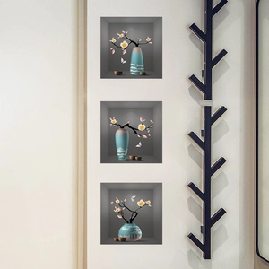 Modern 3D flower vase wall art stickers featuring plum blossoms and butterflies in a 3-piece set