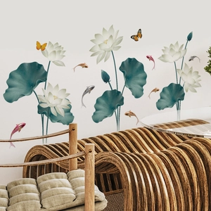Detail of self-adhesive wall stickers with lotus, koi fish and butterfly for living room decoration